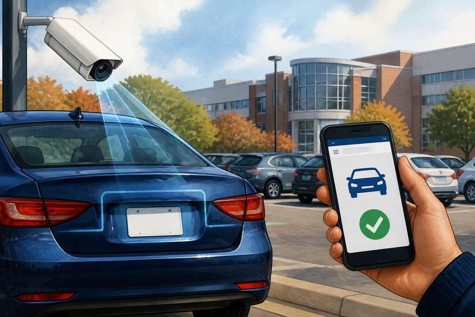 AI-generated editorial illustration for: Penn State Behrend moves to virtual, license-plate parking permits and LPR enforcement