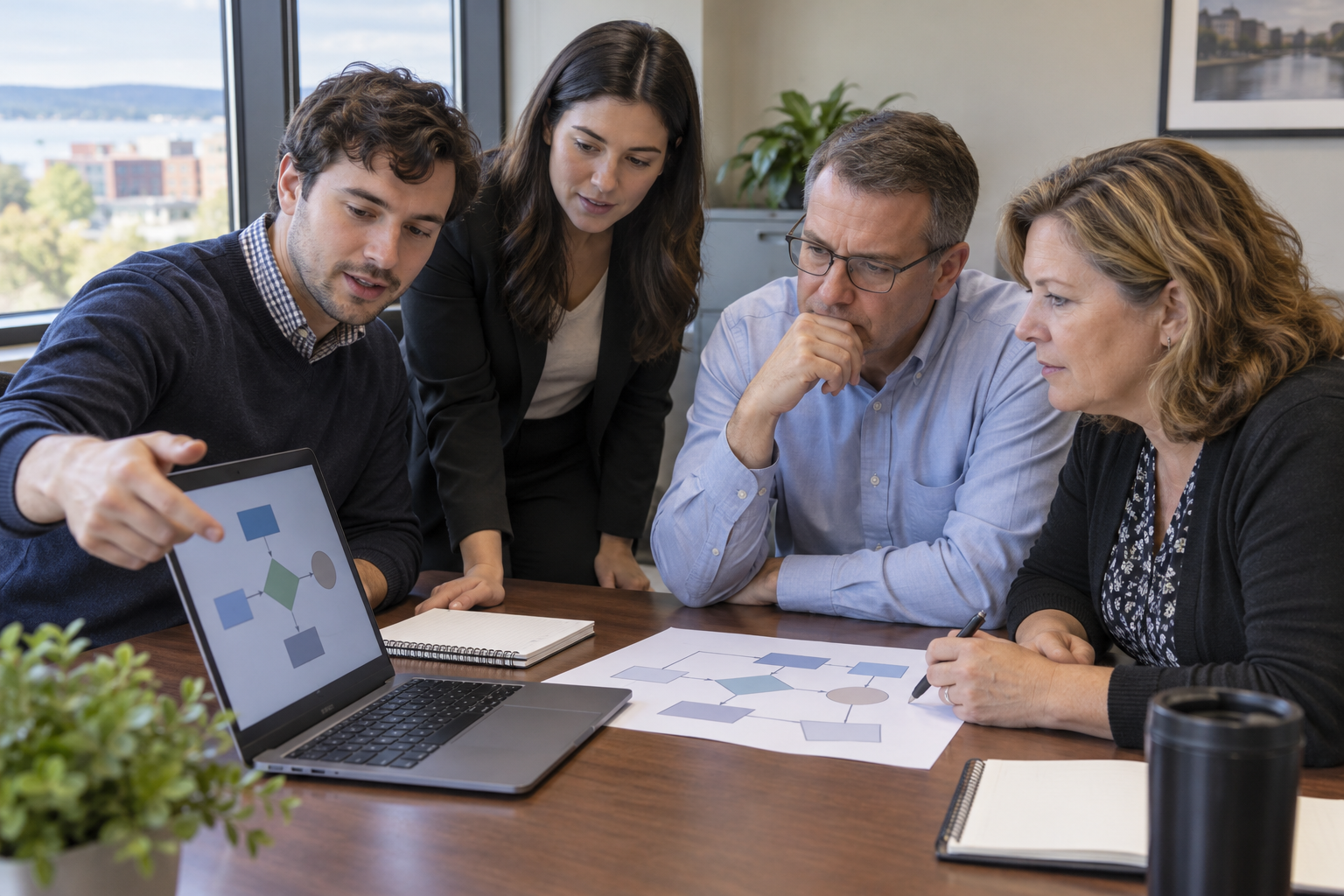AI-generated illustration of fictional consultants and employees discussing technology adoption and retraining