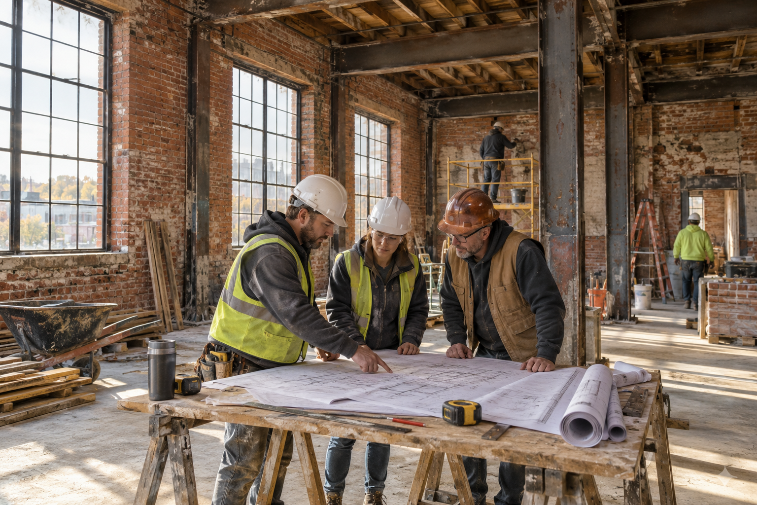 AI-generated illustration of workers reviewing plans inside a representative Pennsylvania industrial building under restoration